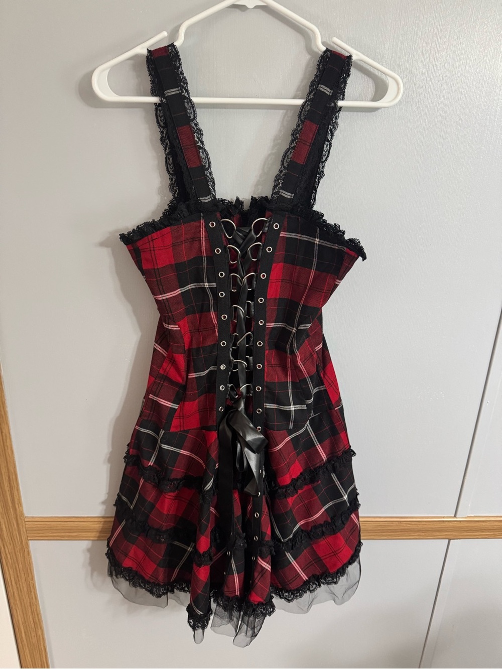 Hell Bunny Red and Black Plaid Lace-Up Dress Size Large